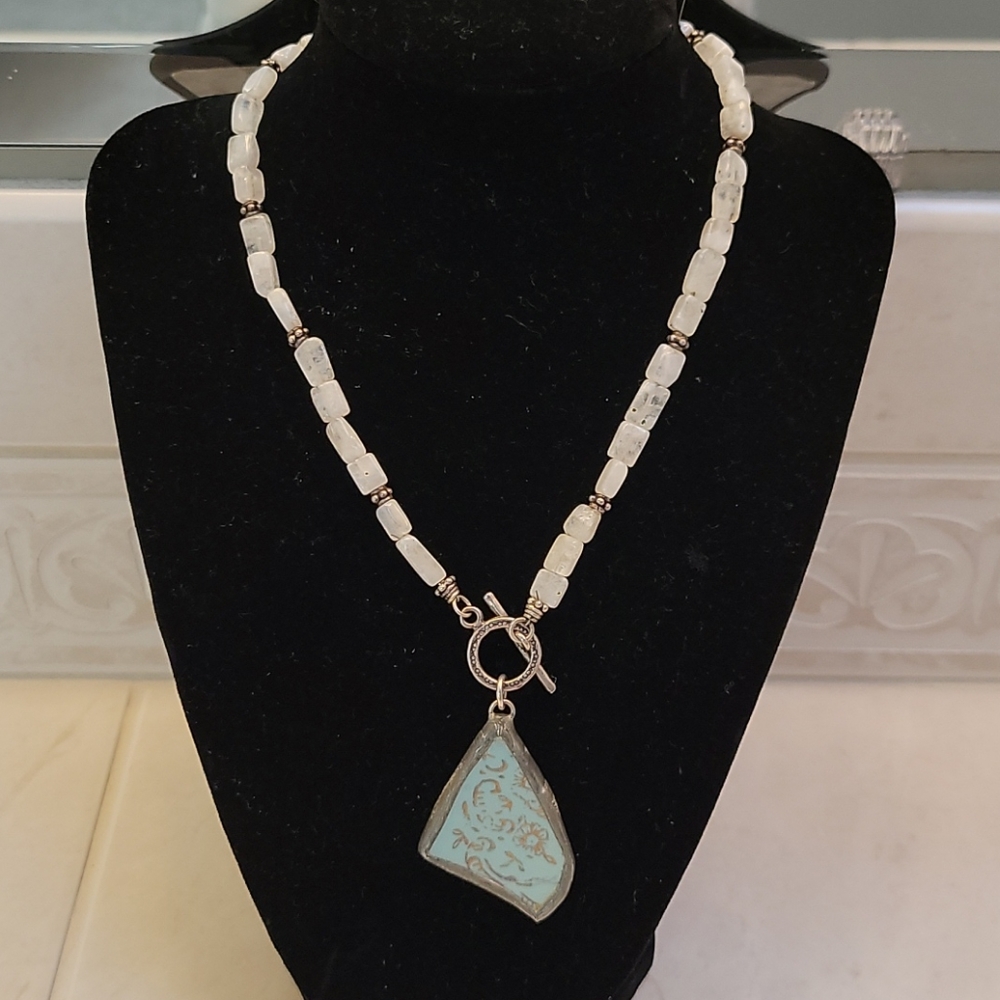 Ceramic Pendent 2 sided Neckless with Moonstone - Picture 1 of 6